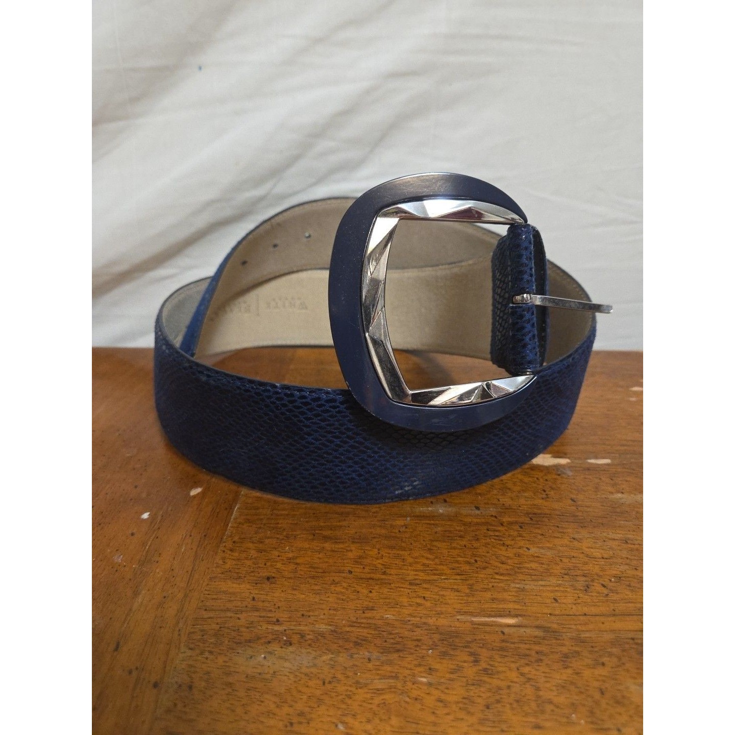 White House Black Market Navy Blue Faux Snakeskin Leather Wide Belt Sz Large